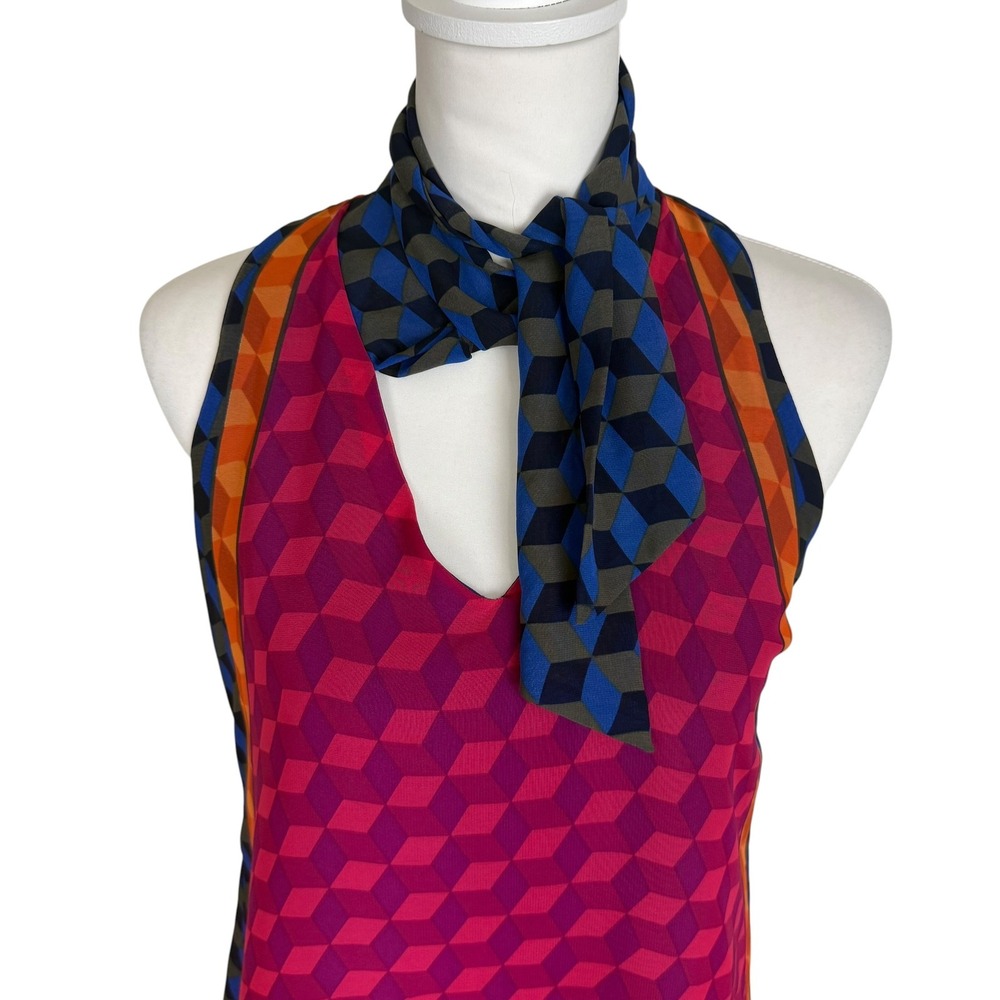 Atina Cristina Geometric Cube Print Tie Neck Shift Mini‎ Dress Pink Blue XS USA - Picture 2 of 7